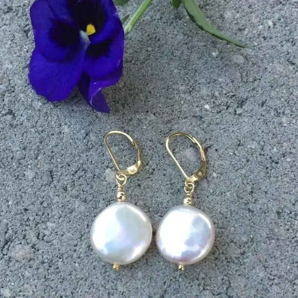 Peach Color Pearls, Coin Shape Earrings, Natural Color Pearls,June Birthdays - Picture 4 of 4